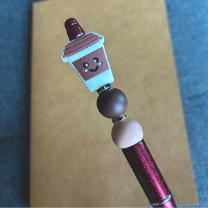 Handcrafted Coffee Theme Pen + Kraft Journal (SMILEY - BURGUNDY GLITTER)